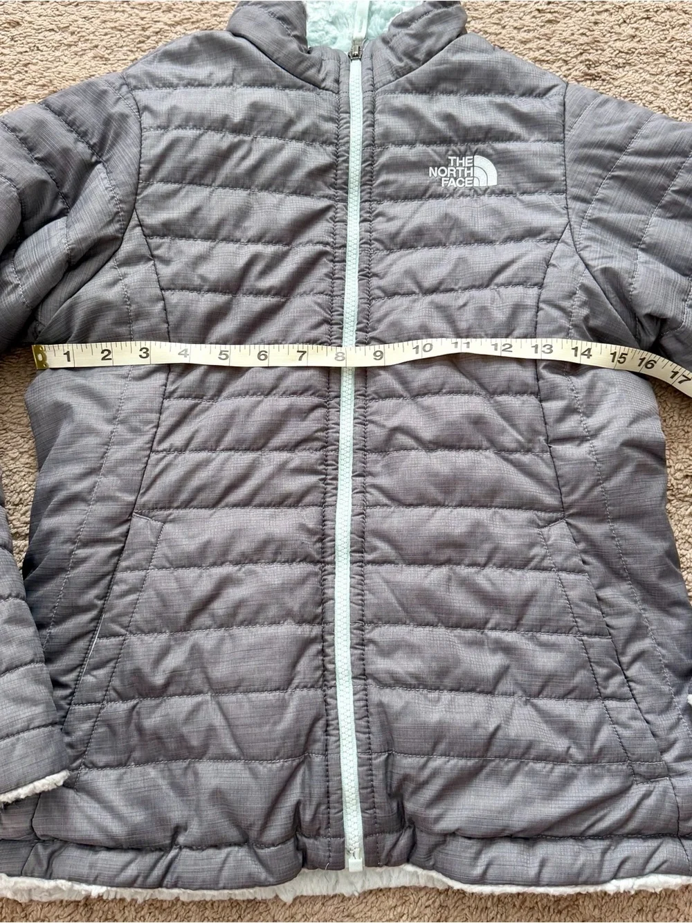 The North Face Kids Sz 10/12 Reversible Jacket Gray Green Puffer Fleece Coat
